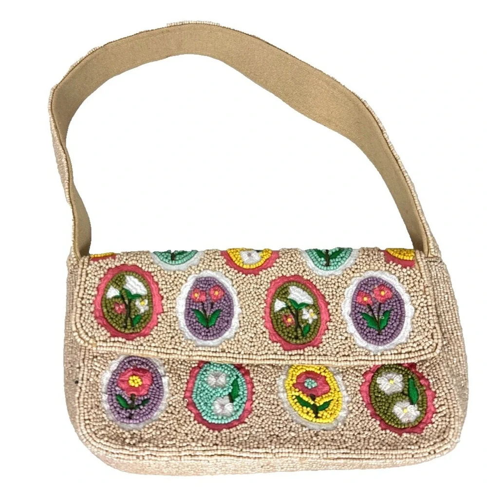 Beaded Handbag from India Floral Pattern Snap Closure 9